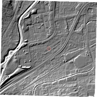 Shaded relief map of the ground around NW100PT, computed from Environment Agency LiDAR. The ground here sits at about 27 m above sea level and falls 17 m across the surrounding 800 m. Surface water reaching this point runs off ground lying to the north-east, 2.6 m higher.