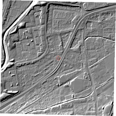 Shaded relief map of the ground around NW100PX, computed from Environment Agency LiDAR. The ground here sits at about 28 m above sea level and falls 12 m across the surrounding 800 m. Surface water reaching this point runs off ground lying to the north-east, 3.8 m higher.