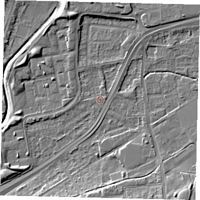 Shaded relief map of the ground around NW100PY, computed from Environment Agency LiDAR. The ground here sits at about 29 m above sea level and falls 11 m across the surrounding 800 m. Surface water reaching this point runs off ground lying to the north-east, 3.8 m higher.
