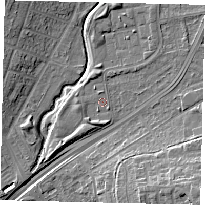 Shaded relief map of the ground around NW100PZ, computed from Environment Agency LiDAR. The ground here sits at about 27 m above sea level and falls 20 m across the surrounding 800 m. Surface water reaching this point runs off ground lying to the north, 2.5 m higher.