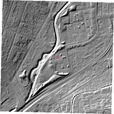 Shaded relief map of the ground around NW100QB, computed from Environment Agency LiDAR. The ground here sits at about 27 m above sea level and falls 19 m across the surrounding 800 m. Surface water reaching this point runs off ground lying to the south-west, 2.2 m higher.