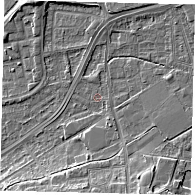 Shaded relief map of the ground around NW100QH, computed from Environment Agency LiDAR. The ground here sits at about 29 m above sea level and falls 11 m across the surrounding 800 m. Surface water reaching this point runs off ground lying to the north-east, 0.8 m higher.