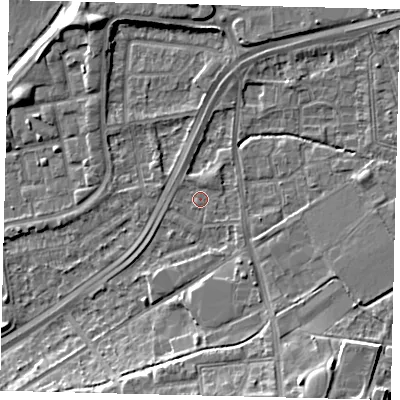 Shaded relief map of the ground around NW100QJ, computed from Environment Agency LiDAR. The ground here sits at about 29 m above sea level and falls 9 m across the surrounding 800 m. Surface water reaching this point runs off ground lying to the south-east, 7.1 m higher.