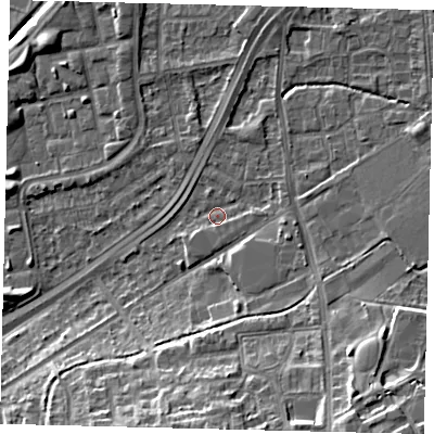 Shaded relief map of the ground around NW100QL, computed from Environment Agency LiDAR. The ground here sits at about 28 m above sea level and falls 14 m across the surrounding 800 m. Surface water reaching this point runs off ground lying to the east-north-east, 1.9 m higher.