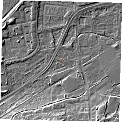 Shaded relief map of the ground around NW100QN, computed from Environment Agency LiDAR. The ground here sits at about 29 m above sea level and falls 13 m across the surrounding 800 m. Surface water reaching this point runs off ground lying to the south-east, 8.6 m higher.