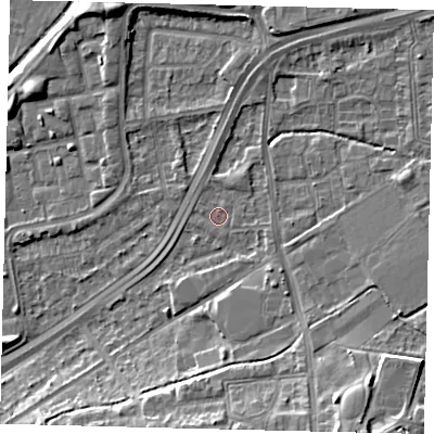 Shaded relief map of the ground around NW100QP, computed from Environment Agency LiDAR. The ground here sits at about 29 m above sea level and falls 12 m across the surrounding 800 m. Surface water reaching this point runs off ground lying to the south-east, 8.0 m higher.