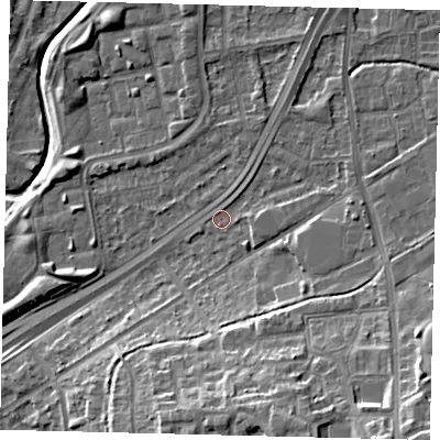 Shaded relief map of the ground around NW100QR, computed from Environment Agency LiDAR. The ground here sits at about 28 m above sea level and falls 16 m across the surrounding 800 m. Surface water reaching this point runs off ground lying to the north-north-east, 2.9 m higher.