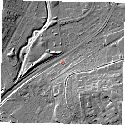 Shaded relief map of the ground around NW100QS, computed from Environment Agency LiDAR. The ground here sits at about 27 m above sea level and falls 21 m across the surrounding 800 m. Surface water reaching this point runs off ground lying to the east-south-east, 12.5 m higher.
