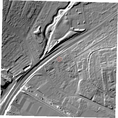 Shaded relief map of the ground around NW100QT, computed from Environment Agency LiDAR. The ground here sits at about 25 m above sea level and falls 18 m across the surrounding 800 m. Surface water reaching this point runs off ground lying to the east-north-east, 1.3 m higher.