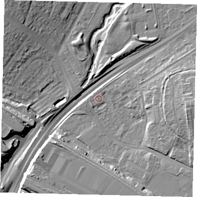 Shaded relief map of the ground around NW100QU, computed from Environment Agency LiDAR. The ground here sits at about 25 m above sea level and falls 19 m across the surrounding 800 m. Surface water reaching this point runs off ground lying to the south-west, 1.9 m higher.