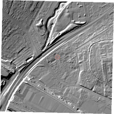 Shaded relief map of the ground around NW100QX, computed from Environment Agency LiDAR. The ground here sits at about 24 m above sea level and falls 18 m across the surrounding 800 m. Surface water reaching this point runs off ground lying to the north-east, 2.4 m higher.