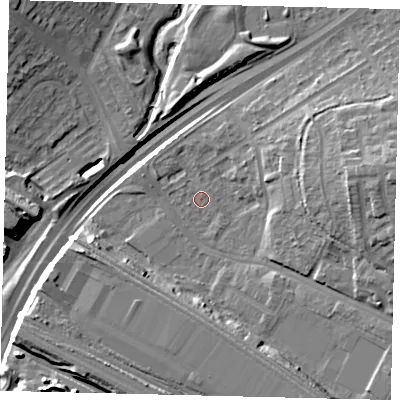 Shaded relief map of the ground around NW100QY, computed from Environment Agency LiDAR. The ground here sits at about 24 m above sea level and falls 17 m across the surrounding 800 m. Surface water reaching this point runs off ground lying to the east, 11.8 m higher.