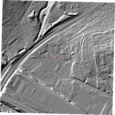 Shaded relief map of the ground around NW100RA, computed from Environment Agency LiDAR. The ground here sits at about 25 m above sea level and falls 18 m across the surrounding 800 m. Surface water reaching this point runs off ground lying to the north-east, 3.0 m higher.