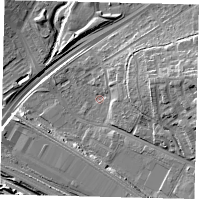 Shaded relief map of the ground around NW100RB, computed from Environment Agency LiDAR. The ground here sits at about 25 m above sea level and falls 19 m across the surrounding 800 m. Surface water reaching this point runs off ground lying to the east, 13.3 m higher.