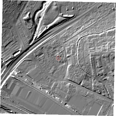 Shaded relief map of the ground around NW100RD, computed from Environment Agency LiDAR. The ground here sits at about 25 m above sea level and falls 19 m across the surrounding 800 m. Surface water reaching this point runs off ground lying to the north-north-east, 3.0 m higher.
