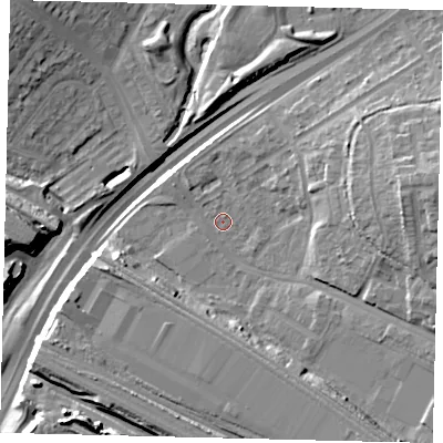 Shaded relief map of the ground around NW100RH, computed from Environment Agency LiDAR. The ground here sits at about 24 m above sea level and falls 17 m across the surrounding 800 m. Surface water reaching this point runs off ground lying to the east, 10.8 m higher.