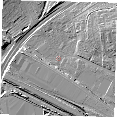Shaded relief map of the ground around NW100RJ, computed from Environment Agency LiDAR. The ground here sits at about 25 m above sea level and falls 17 m across the surrounding 800 m. Surface water reaching this point runs off ground lying to the south-east, 8.6 m higher.
