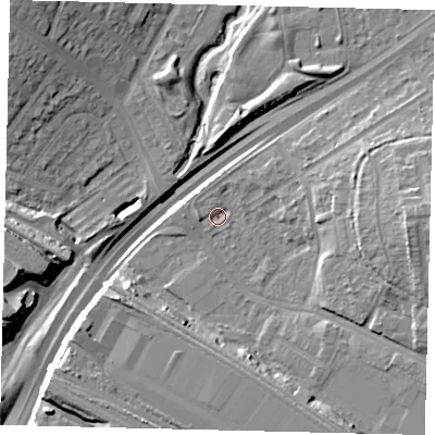 Shaded relief map of the ground around NW100RU, computed from Environment Agency LiDAR. The ground here sits at about 24 m above sea level and falls 18 m across the surrounding 800 m. Surface water reaching this point runs off ground lying to the east, 11.0 m higher.