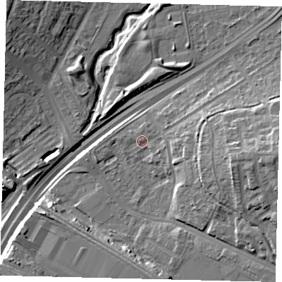 Shaded relief map of the ground around NW100RX, computed from Environment Agency LiDAR. The ground here sits at about 26 m above sea level and falls 18 m across the surrounding 800 m. Surface water reaching this point runs off ground lying to the east, 9.4 m higher.