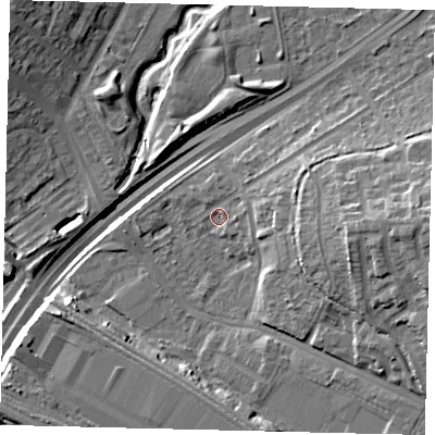 Shaded relief map of the ground around NW100RY, computed from Environment Agency LiDAR. The ground here sits at about 25 m above sea level and falls 18 m across the surrounding 800 m. Surface water reaching this point runs off ground lying to the east, 9.4 m higher.