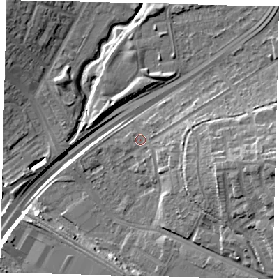 Shaded relief map of the ground around NW100SA, computed from Environment Agency LiDAR. The ground here sits at about 26 m above sea level and falls 19 m across the surrounding 800 m. Surface water reaching this point runs off ground lying to the east-south-east, 8.5 m higher.