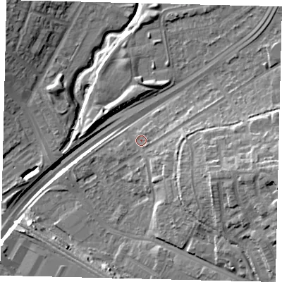 Shaded relief map of the ground around NW100SB, computed from Environment Agency LiDAR. The ground here sits at about 26 m above sea level and falls 19 m across the surrounding 800 m. Surface water reaching this point runs off ground lying to the east-north-east, 2.3 m higher.