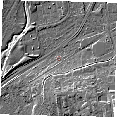 Shaded relief map of the ground around NW100SG, computed from Environment Agency LiDAR. The ground here sits at about 27 m above sea level and falls 21 m across the surrounding 800 m. Surface water reaching this point runs off ground lying to the south-south-east, 9.3 m higher.