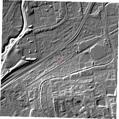 Shaded relief map of the ground around NW100SH, computed from Environment Agency LiDAR. The ground here sits at about 27 m above sea level and falls 21 m across the surrounding 800 m. Surface water reaching this point runs off ground lying to the south-south-east, 9.2 m higher.