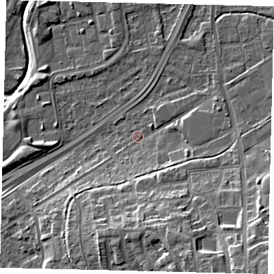 Shaded relief map of the ground around NW100SJ, computed from Environment Agency LiDAR. The ground here sits at about 28 m above sea level and falls 18 m across the surrounding 800 m. Surface water reaching this point runs off ground lying to the south-east, 14.2 m higher.