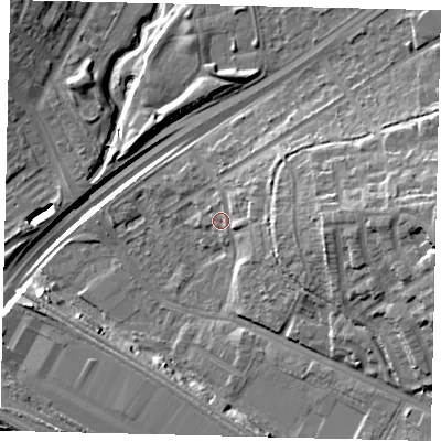 Shaded relief map of the ground around NW100TE, computed from Environment Agency LiDAR. The ground here sits at about 27 m above sea level and falls 20 m across the surrounding 800 m. Surface water reaching this point runs off ground lying to the north, 1.1 m higher.