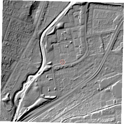Shaded relief map of the ground around NW100TN, computed from Environment Agency LiDAR. The ground here sits at about 27 m above sea level and falls 13 m across the surrounding 800 m. Surface water reaching this point runs off ground lying to the north-north-east, 7.2 m higher.
