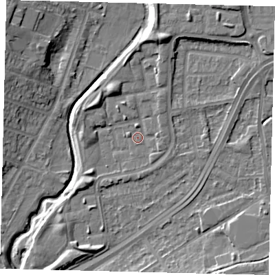 Shaded relief map of the ground around NW100TP, computed from Environment Agency LiDAR. The ground here sits at about 28 m above sea level and falls 11 m across the surrounding 800 m. Surface water reaching this point runs off ground lying to the north-north-east, 2.2 m higher.