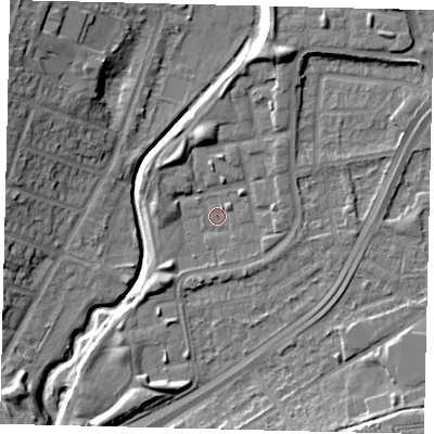 Shaded relief map of the ground around NW100TR, computed from Environment Agency LiDAR. The ground here sits at about 27 m above sea level and falls 12 m across the surrounding 800 m. Surface water reaching this point runs off ground lying to the north-north-east, 7.3 m higher.