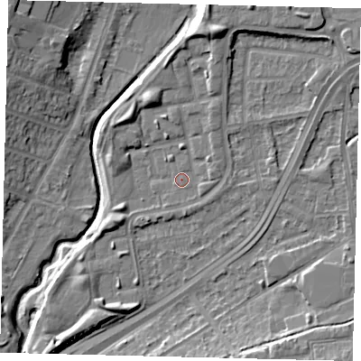 Shaded relief map of the ground around NW100TW, computed from Environment Agency LiDAR. The ground here sits at about 28 m above sea level and falls 11 m across the surrounding 800 m. Surface water reaching this point runs off ground lying to the north-north-east, 6.6 m higher.