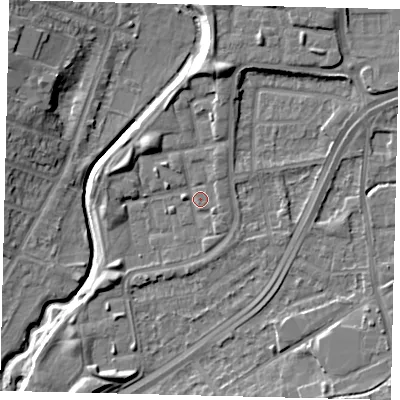 Shaded relief map of the ground around NW100UD, computed from Environment Agency LiDAR. The ground here sits at about 28 m above sea level and falls 11 m across the surrounding 800 m. Surface water reaching this point runs off ground lying to the north-north-east, 2.2 m higher.