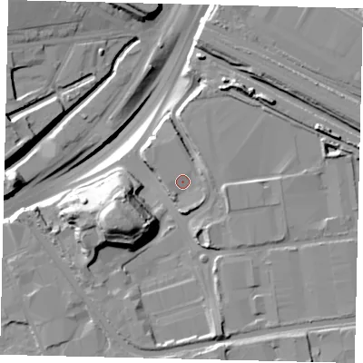 Shaded relief map of the ground around NW107BX, computed from Environment Agency LiDAR. The ground here sits at about 28 m above sea level and falls 28 m across the surrounding 800 m. Surface water reaching this point runs off ground lying to the south-south-west, 1.8 m higher.