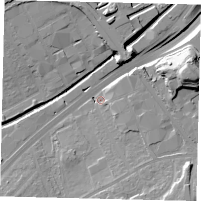 Shaded relief map of the ground around NW107DJ, computed from Environment Agency LiDAR. The ground here sits at about 24 m above sea level and falls 28 m across the surrounding 800 m. Surface water reaching this point runs off ground lying to the south-east, 17.4 m higher.