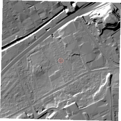 Shaded relief map of the ground around NW107DL, computed from Environment Agency LiDAR. The ground here sits at about 27 m above sea level and falls 26 m across the surrounding 800 m. Surface water reaching this point runs off ground lying to the south-south-east, 13.3 m higher.
