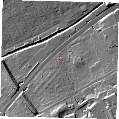 Shaded relief map of the ground around NW107ED, computed from Environment Agency LiDAR. The ground here sits at about 25 m above sea level and falls 21 m across the surrounding 800 m. Surface water reaching this point runs off ground lying to the south-south-west, 4.4 m higher.