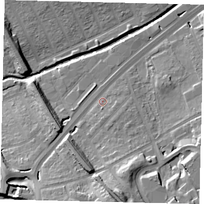 Shaded relief map of the ground around NW107EE, computed from Environment Agency LiDAR. The ground here sits at about 26 m above sea level and falls 23 m across the surrounding 800 m. Surface water reaching this point runs off ground lying to the south, 18.8 m higher.