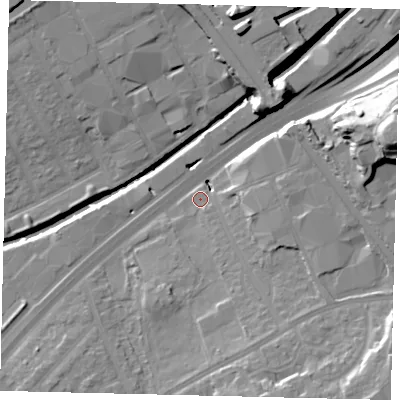 Shaded relief map of the ground around NW107GA, computed from Environment Agency LiDAR. The ground here sits at about 24 m above sea level and falls 28 m across the surrounding 800 m. Surface water reaching this point runs off ground lying to the south-south-east, 9.3 m higher.