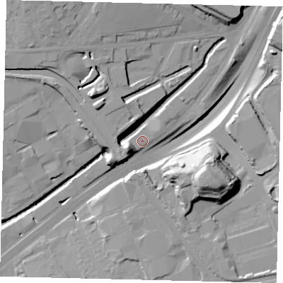 Shaded relief map of the ground around NW107GH, computed from Environment Agency LiDAR. The ground here sits at about 23 m above sea level and falls 28 m across the surrounding 800 m. Surface water reaching this point runs off ground lying to the south-east, 27.9 m higher.
