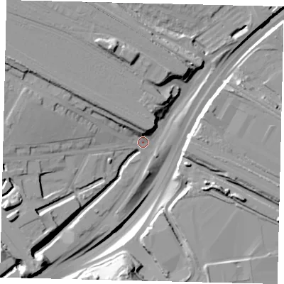 Shaded relief map of the ground around NW107NN, computed from Environment Agency LiDAR. The ground here sits at about 25 m above sea level and falls 26 m across the surrounding 800 m. Surface water reaching this point runs off ground lying to the west-north-west, 12.5 m higher.