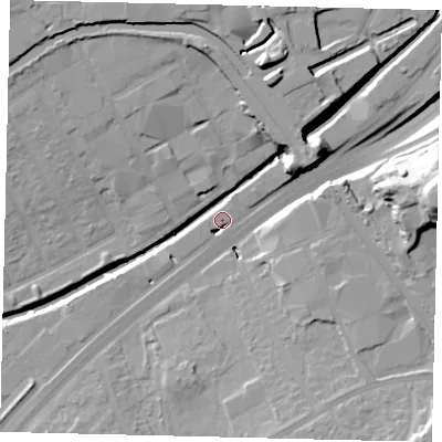Shaded relief map of the ground around NW107PN, computed from Environment Agency LiDAR. The ground here sits at about 23 m above sea level and falls 28 m across the surrounding 800 m. Surface water reaching this point runs off ground lying to the south-west, 3.0 m higher.