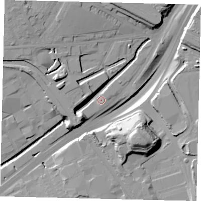 Shaded relief map of the ground around NW107QS, computed from Environment Agency LiDAR. The ground here sits at about 22 m above sea level and falls 28 m across the surrounding 800 m. Surface water reaching this point runs off ground lying to the south-east, 27.9 m higher.