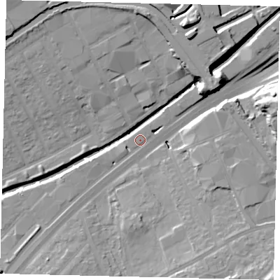 Shaded relief map of the ground around NW107SX, computed from Environment Agency LiDAR. The ground here sits at about 24 m above sea level and falls 21 m across the surrounding 800 m. Surface water reaching this point runs off ground lying to the south-west, 3.0 m higher.