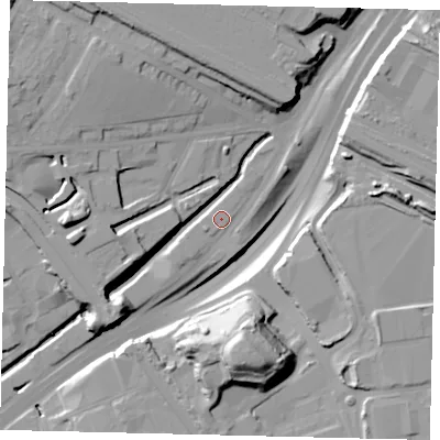 Shaded relief map of the ground around NW107UD, computed from Environment Agency LiDAR. The ground here sits at about 24 m above sea level and falls 28 m across the surrounding 800 m. Surface water reaching this point runs off ground lying to the south, 27.9 m higher.