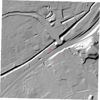 Shaded relief map of the ground around NW107UG, computed from Environment Agency LiDAR. The ground here sits at about 23 m above sea level and falls 28 m across the surrounding 800 m. Surface water reaching this point runs off ground lying to the north-east, 10.0 m higher.