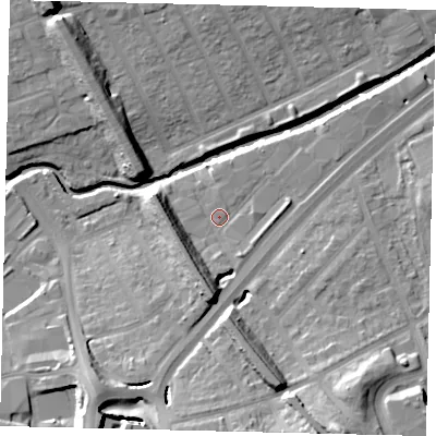 Shaded relief map of the ground around NW107XL, computed from Environment Agency LiDAR. The ground here sits at about 24 m above sea level and falls 24 m across the surrounding 800 m. Surface water reaching this point runs off ground lying to the south, 9.1 m higher.