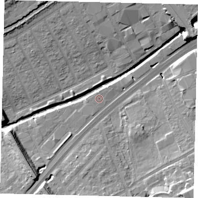 Shaded relief map of the ground around NW107XP, computed from Environment Agency LiDAR. The ground here sits at about 25 m above sea level and falls 20 m across the surrounding 800 m. The ground contributing surface water to this point lies to the north.
